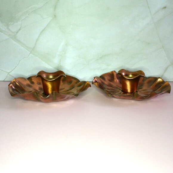 Pair Of Gregorian Copper Candleholders Leaf Like Delicate Design Home Decor - Picture 2 of 6